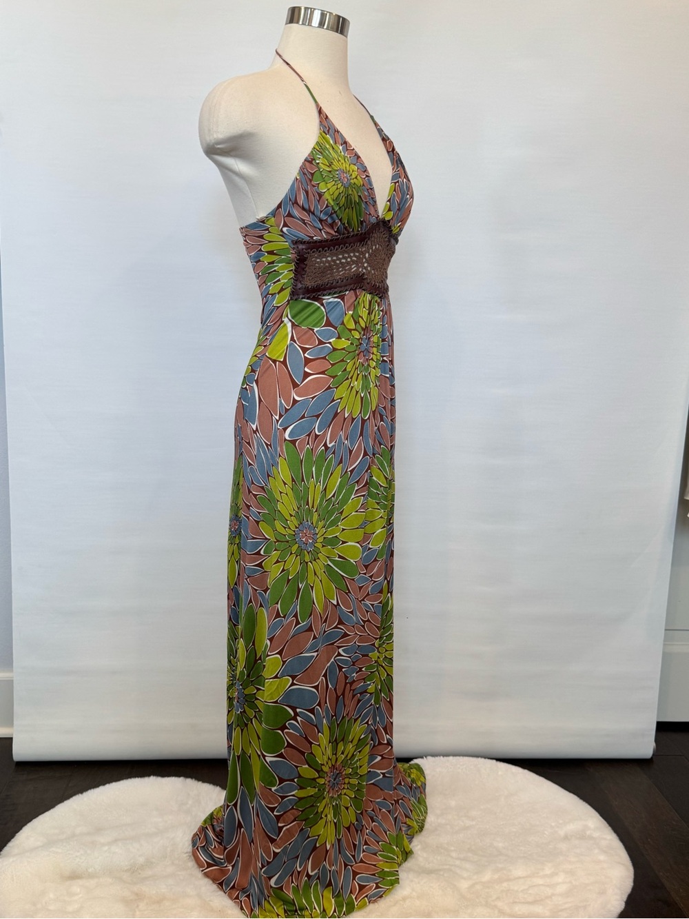 SKY NWT 100% Silk Green Brown Crochet Belt Keyhole Halter Maxi Gown Slip Dress - Picture 7 of 9